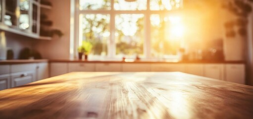 Aufkleber - Empty wooden tabletop with blurred kitchen background and sunlight streaming through window