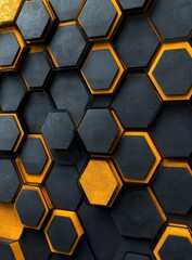 Aufkleber - Abstract 3D hexagonal pattern with black and orange glowing edges.