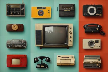 Wall Mural - Vintage Technology Collage Retro Electronics from the 1980s and 1990s Nostalgic Collectibles