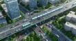 © Bali Perfect Sunrise - Urban Transit Network: A high-angle view of a dynamic cityscape showcases an elevated transit system integrated into the urban infrastructure, embodying modern transportation and city planning.