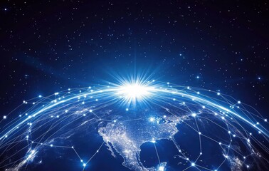 Poster - Planet Earth with bright lines connecting cities, symbolizing global internet network