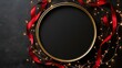© cllareta - Gold circular frame with red ribbon and fairy lights on dark background.
