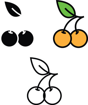 Set Minimalistic cherry fruit icon design representing fresh and natural produce with sleek black outline, perfect for food-related themes with transparent background.
