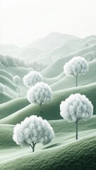 Poster - Serene, misty landscape with stylized, snow-covered trees on rolling green hills.
