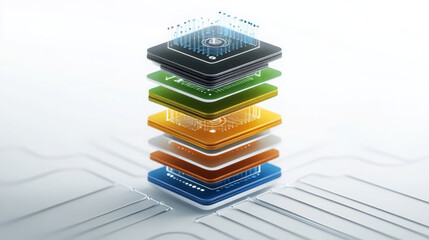 Poster - 3D rendering of stacked blockchain layers with vibrant colors and intricate designs, showcasing technology and innovation in digital systems