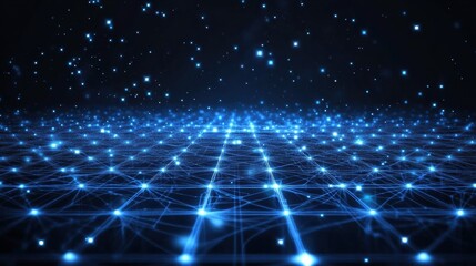 Poster - Digital grid forming a network with glowing blue stars on dark background
