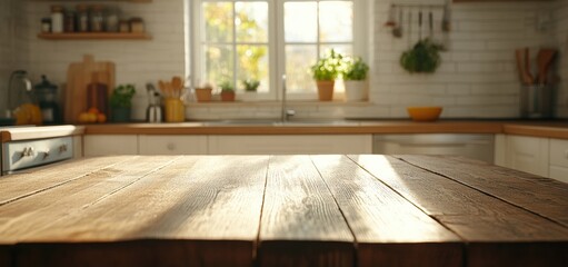 Poster - Empty wooden kitchen table illuminated by sunlight with blurred background