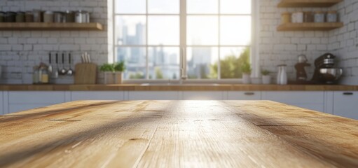 Poster - Empty wooden kitchen table illuminated by sunlight in a modern kitchen
