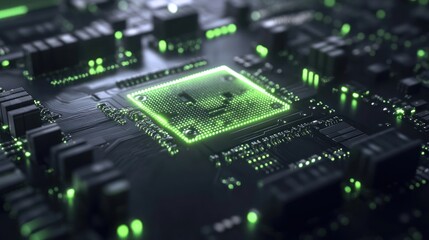 Green Processor Chip With Background Circuit Board Lighting Technology Use