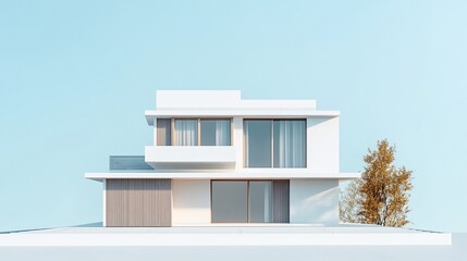 Poster - Modern two-story white house with large windows and a small tree against a light blue sky