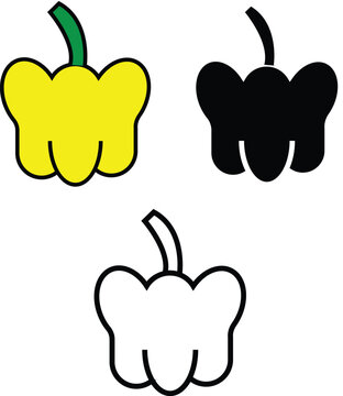 Set of Flate bell pepper icon with black outline, symbolizing fresh vegetables and healthy eating concepts with transparent background.
