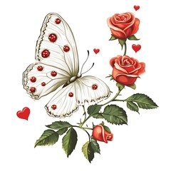 there is a butterfly and a rose on a white background