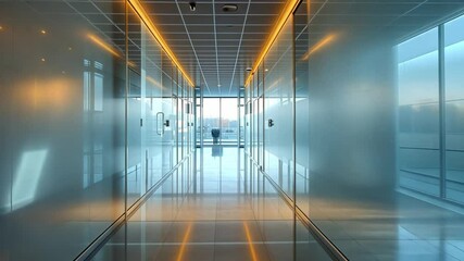Poster - Modern Office Corridor: Glass Walls, Polished Floors, and Natural Light