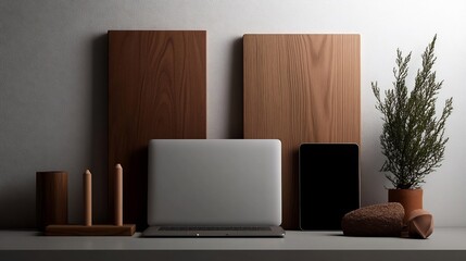 Wall Mural - Minimalist Workspace: Laptop, Tablet, Wooden Accents, and Greenery