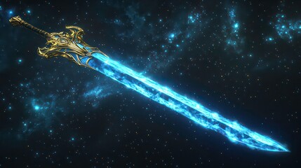 Wall Mural - Glowing blue fantasy sword with golden hilt against a dark space background.