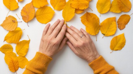 Wall Mural - Hands arranging autumn leaves on white surface. Perfect for seasonal creativity, natural decoration, and artistic composition themes.