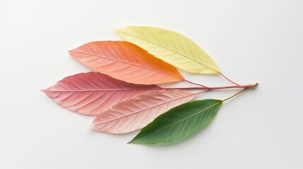 Wall Mural - Minimalist arrangement of gradient colored leaves. Perfect for natural design elements, seasonal transitions, and artistic composition concepts.