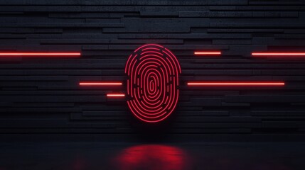 Wall Mural - a futuristic representation of a fingerprint illuminated by red neon lights against a dark, textured