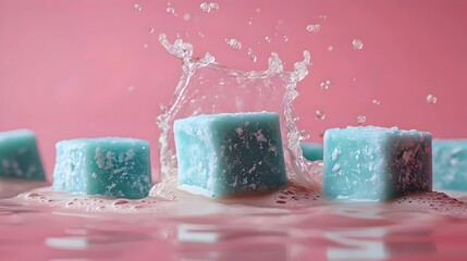 Wall Mural - A blue ice cube is surrounded by water and other blue ice cubes