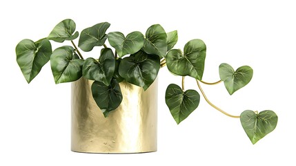 Wall Mural - Lush green plant in gold pot, home decor, white background