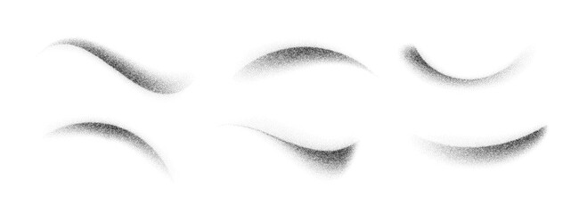 Poster - Dotted curved brush stroke set. Wavy grainy spray element collection. Black flowing sand splashes pack. Stippled noise gradient shades bundle. Splattered dust particle texture waves. Vector