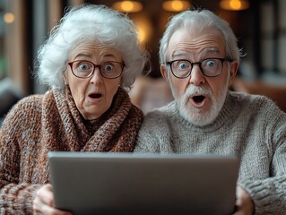Shocked senior couple using laptop in cafe, blurred background