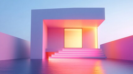 Poster - Abstract architectural structure with pink glowing steps and orange door with blue sky