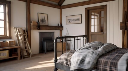 Wall Mural - A rustic farmhouse bedroom interior with exposed wooden beams, a vintage metal bed frame with cozy flannel bedding, a fireplace adding warmth, vintage wooden furniture