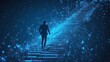 © Almahyra - Silhouette of a businessman walking up a glowing digital staircase towards a bright future.