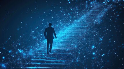Poster - Silhouette of a businessman walking up a glowing digital staircase towards a bright future.