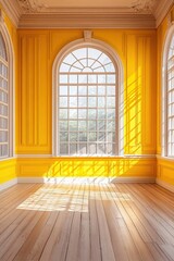 Poster - Bright yellow room with large arched windows and hardwood floor bathed in sunlight