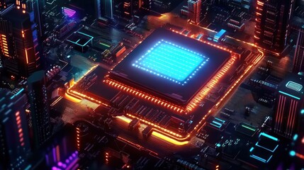 Poster - Futuristic cityscape with glowing microchip technology