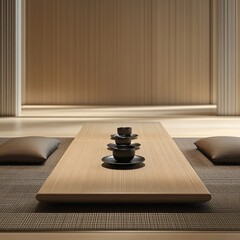 Poster - Minimalist tea ceremony setting with dark cups on a light table in a serene space