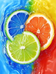 Poster - Vibrant Citrus Slices in Water with Colorful Background and Bubbles Creating a Refreshing Scene