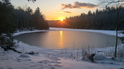 Wall Mural - Frozen lake sunset winter landscape.