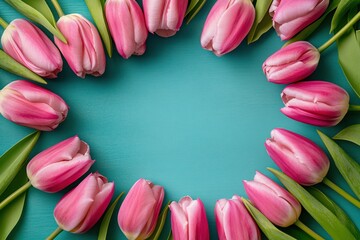 Poster - Pink tulips arranged in a circle on a teal background creating a fresh spring floral frame