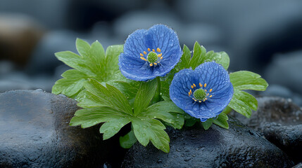 Aufkleber - Two delicate blue flowers bloom amid lush green leaves, resting on dark stones, enhanced by glistening water droplets