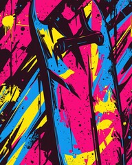 Aufkleber - Vibrant abstract art featuring bold shapes and splatters in pink blue yellow and black