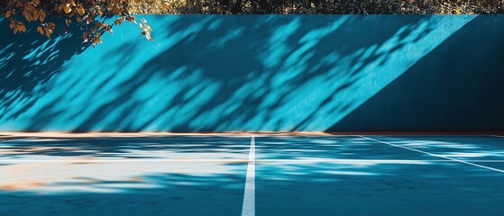 Wall Mural - Blue tennis court with dramatic shadows and golden leaves creating a peaceful atmosphere
