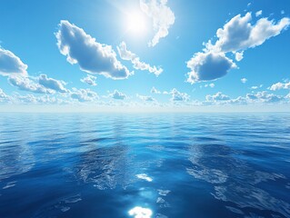 Poster - Serene ocean view with bright sun and fluffy clouds in a clear blue sky creating a peaceful scene