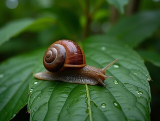 A snail resting on a wet leaf, with water droplets and its shiny shell glistening in the soft light of an overcast day, in a natural garden environment.