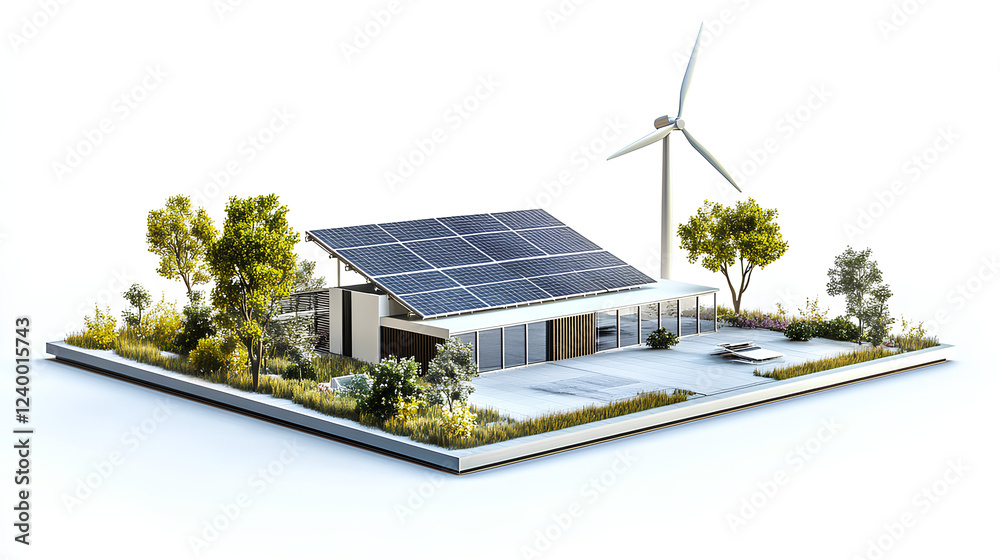 Remote renewable energy setup with solar panels and wind turbine