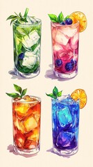 Poster - Four Refreshing Watercolor Cocktails with Ice and Fruit on a Light Background