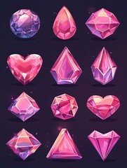 Poster - Collection of Shiny Pink Gemstones in Various Shapes on a Dark Background with Subtle Highlights
