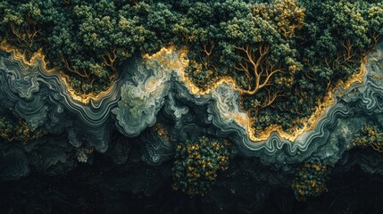 Abstract forest aerial landscape, swirling river, digital art, nature background, website banner