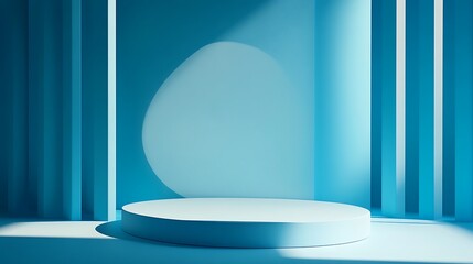 Poster - Minimalist blue cylindrical podium with light and shadow.