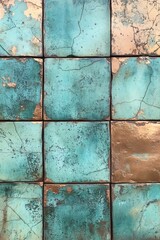 Poster - Distressed teal and gold tiles with cracked paint creating a rustic and textured background