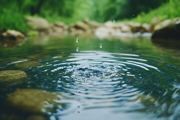 Poster - Water drops falling into a calm stream creating ripples in a serene forest setting