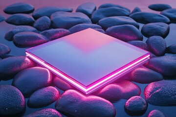 Wall Mural - Top-down view of a triangular glass podium with magenta neon light, casting reflections on smooth pebbles and rippling water.