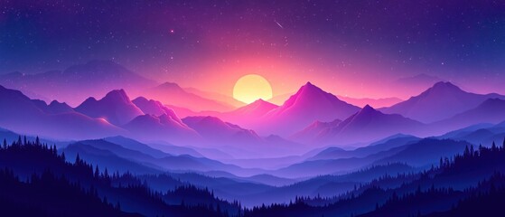 Wall Mural - Majestic mountain range at sunset with stars and a shooting star in a dreamy purple sky